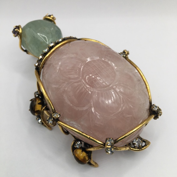 IRADJ MOINI Vintage Costume Jewelry Large Turtle Gemstone Brooch Pin Pink Quartz - Picture 5 of 11